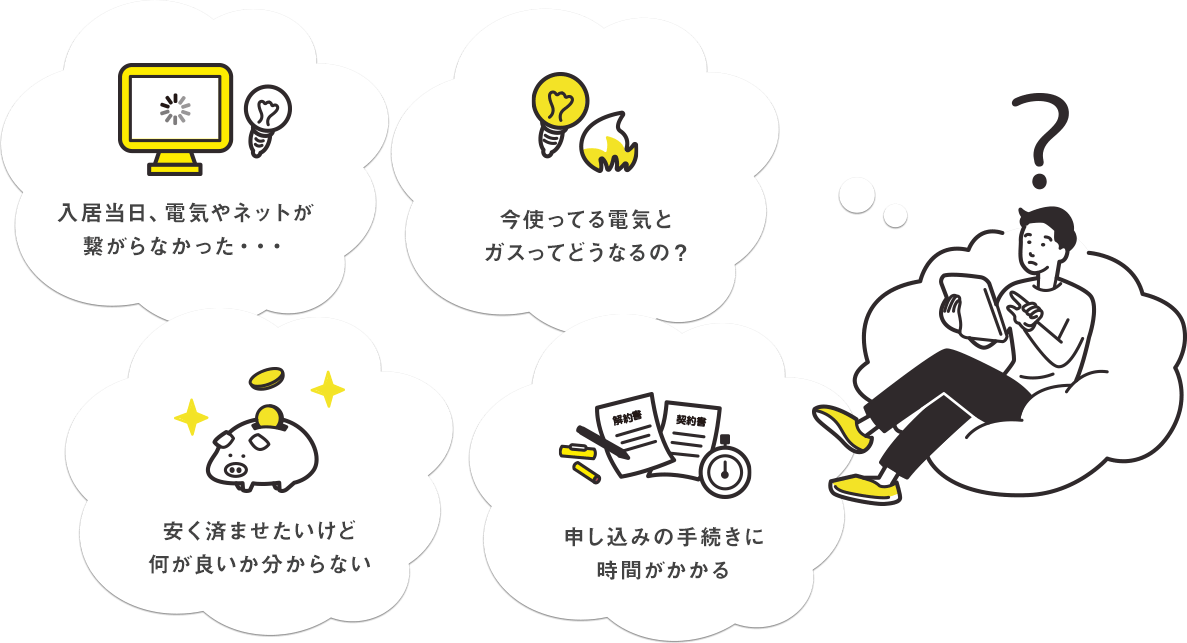 入居当日、電気やネットが繋がらなかった・・・ 安く済ませたいけど何が良いか分からない 今使ってる電気とガスってどうなるの? 申し込みの手続きに時間がかかる